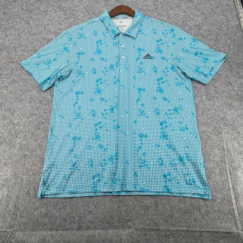 Adidas Golf Mens Large Turquoise White Grid Splatter Print Polo Shirt L